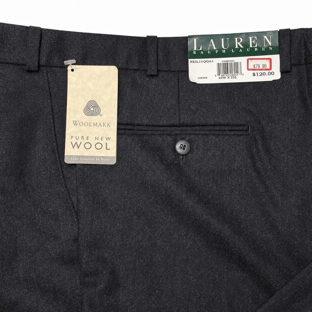 NWT Lauren Ralph Lauren Neil Wool Dress Pants Mens 40x32 Charcoal Pleated Cuffed